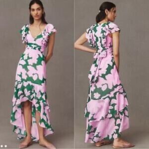 Hutch Anthropologie Chiffon Short-sleeve High-Low Floral Maxi Dress - 12